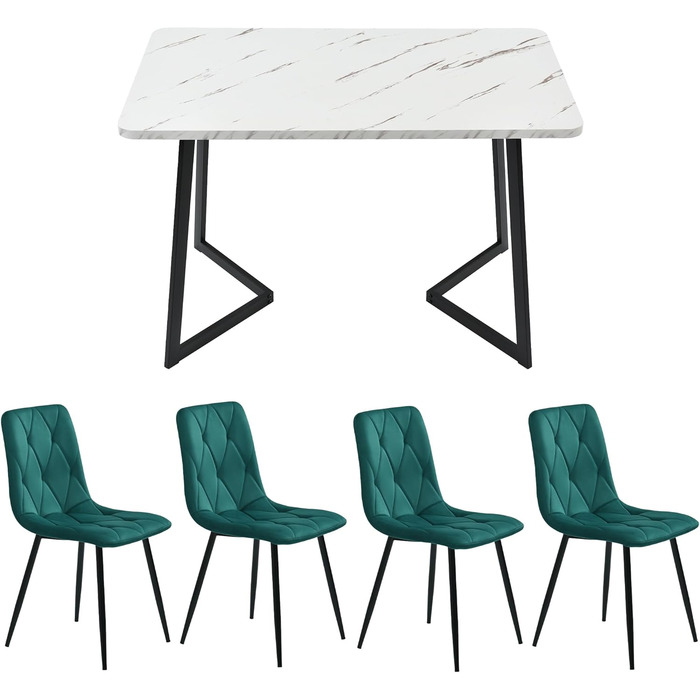 KUAKE Комплект обідньої групи: стіл 117x68 см та 4 стільці. Сучасний прямокутний обідній стіл та комплект стільців для кухні. Тканина темно-сірого льону, чорні ніжки столу (темно-зелений)