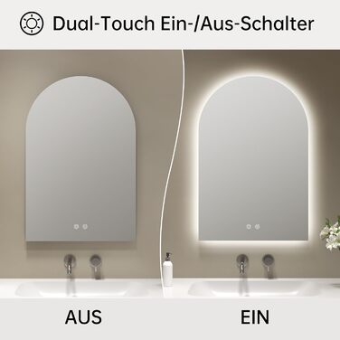 Дзеркало для ванної кімнати OUMUSU з підсвічуванням, 50x75 см, без рами, арочне, антизапотівальне, сенсорне керування, диммування, 3 кольори світла