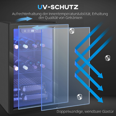 Винний шафа на 24 пляшки, 68 літрів, діапазон температур 4–16 °C, окремостояча модель для напоїв, пива та вина зі скляними дверцятами, чорного кольору