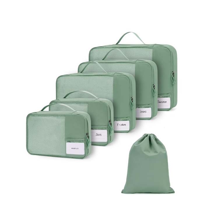 Набір органайзерів для валізи ECOHUB, 6 легких пакувальних кубів для подорожей з ID-біркою, дихаючі сумки-органайзери з переробленого матеріалу (Зелений)