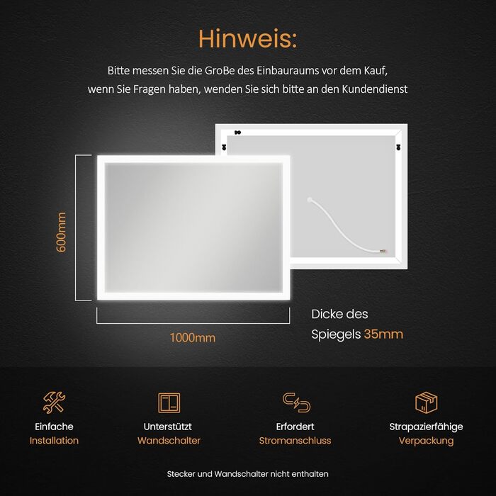 Дзеркало для ванної кімнати EMKE з підсвічуванням 120x60 см, антизапар, кнопка, тепле/холодне світло, IP44, енергозберігаюче