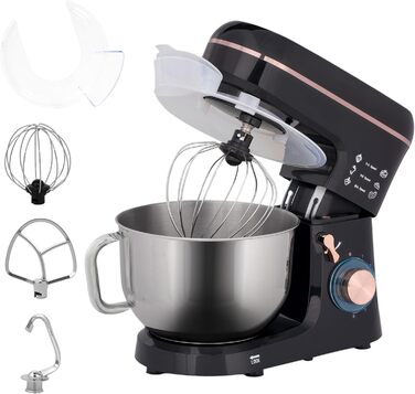 Кухонна машина HOMCOM 1400W з чашею 5.5л з нержавіючої сталі, 6 швидкостей, міксер для тіста, з набором насадок