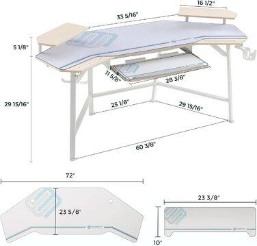 Ігровий стіл EUREKA ERGONOMIC 160x74 см з крилами, для ПК, з 2 відсіками для iPad, для дому, офісу, стрімінгу, білий акорн