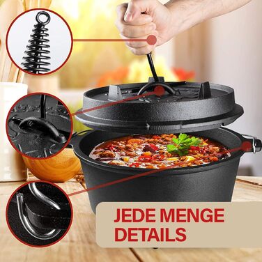 Чавунний казан Dutch Oven BUFFALO BBQ на 7,5 л з кришкою 2в1, сумкою та підйомником для кемпінгу та гриля