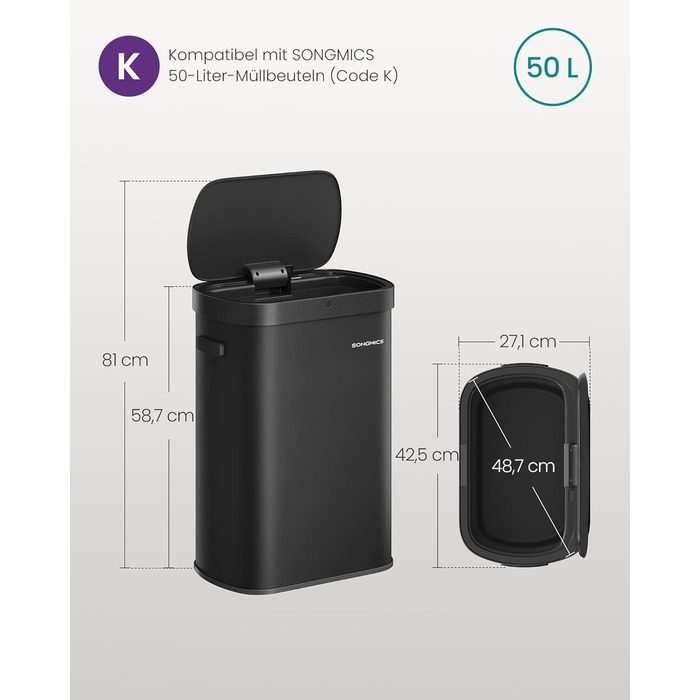 SONGMICS Сміттєве відро з сенсором, автоматичне, 50 л, відкриття рухом руки/дотиком, Softclose-кришка, сталь, 15 мішків, чорний LTB640B02
