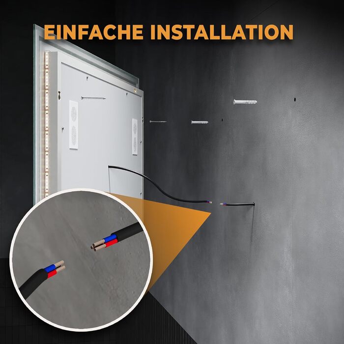 Дзеркало для ванної кімнати LOMIKEN з підсвічуванням, 60x50x3,5 см, LED, 6400K, холодний білий, економія енергії, вертикальне/горизонтальне кріплення, вимикач, захист від запотівання, 3 колірні температури