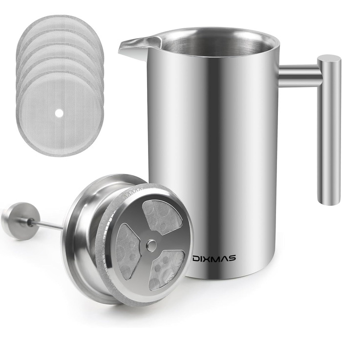 French Press Dixmas: кавоварка френч-прес з нержавіючої сталі, 350 мл, 2 чашки, термоізольована, подвійні стінки