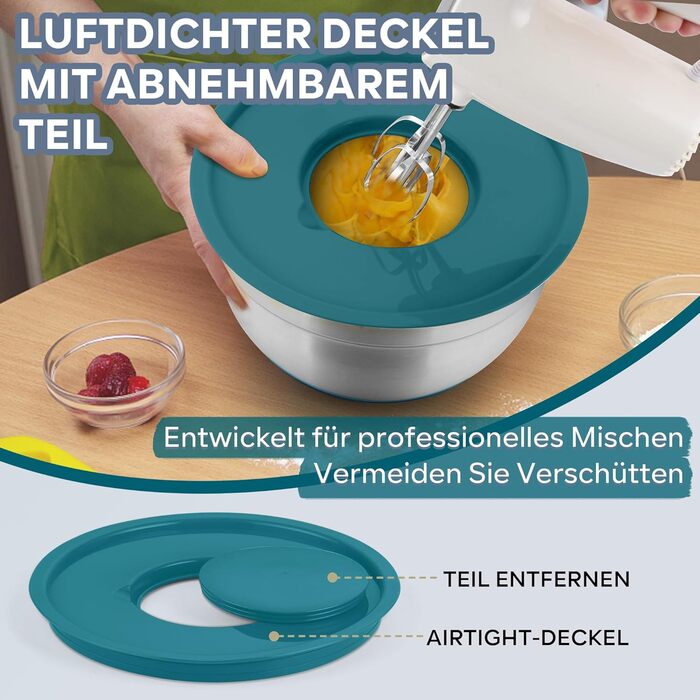 Набір мисок HaWare 6 шт. з нержавіючої сталі з кришками та тертками, 4.6/2.8/2.5/1.6/1.2/0.7 л, силіконове дно, миючі в посудомийній машині