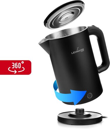 Електричний чайник Lehmann Edelstahl 1.7L, 2200W, чорний: швидкий нагрів, подвійні стінки, захист від перегріву, BPA-free, для дитячого харчування, чаю та кави