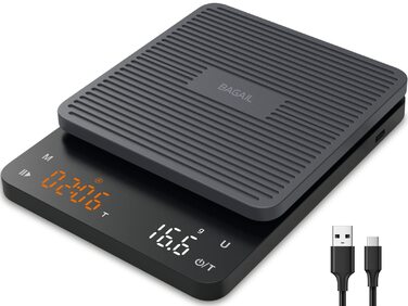 Електронна кавова вага Bagail з таймером, 0.1 г, прецизійна кухонна вага з великим дисплеєм та автоматичним таруванням, для приготування фільтр-кави, максимальна вага 3 кг