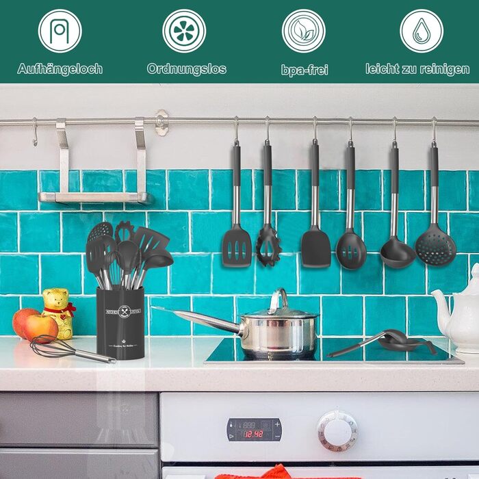 Набір кухонних помічників, 34 шт. Силіконове кухонне приладдя з нержавіючою сталею, стійке до нагріву, з тримачем для посуду, антипригарне, сірий колір