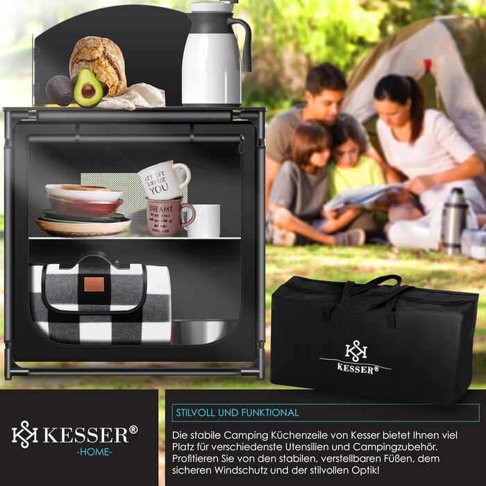 Кемпінгова кухня KESSER® | З сумкою та набором посуду | Складаний шафка для кемпінгу | Алюмінієвий каркас | Похідна кухня | Кухонна коробка | Шафка для намету | Чорний/Чорний (Тип F2, Чорний / Чорний)