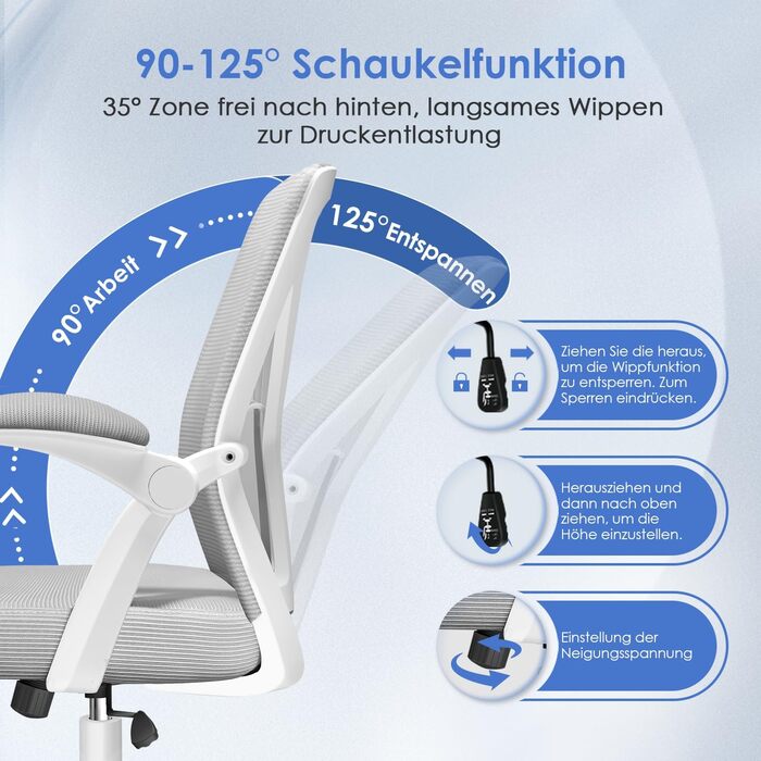 Офісний стіл Hinode з підйомними підлокітниками та функцією гойдання, 360° обертання, регульована висота, ергономічний стілець для дому та офісу з дихаючою сіткою, до 150 кг (Сірий, Стиль 1)