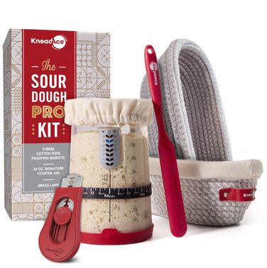 Набір для закваски KneadAce: банка 680.4 г, 2 корзини для вистоювання Banneton, лама для надрізання хліба, подарунок для пекаря. Комплект для випікання заквасового хліба (680.4 г, 2 корзини, червона лама)