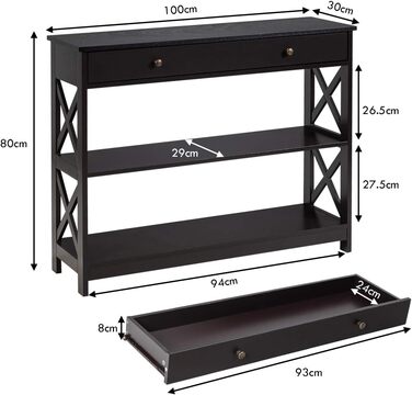 Вузький консольний столик з ящиком і 2 полицями, 100x30x80 см, коричневий