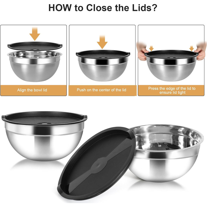 Набір мисок Cinnani з нержавіючої сталі, 8 шт. з кришками: для салатів, приготування їжі, міксеру. Багатофункціональні, стекувальні миски.