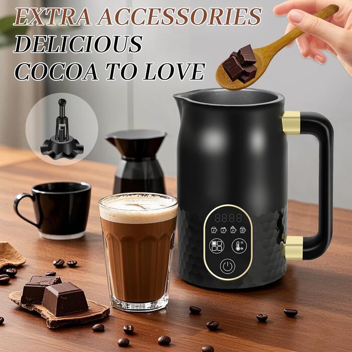 Електричний піноутворювач молока 4-в-1 з контролем температури. Підходить для капучино, лате та гарячого шоколаду. 2 насадки для різних типів пінки.