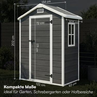 Садовий будиночок STEELSØN Novara 192x92x151 см – пластиковий сарай для інструментів з вікном, стійкий до погодних умов, темно-сірий
