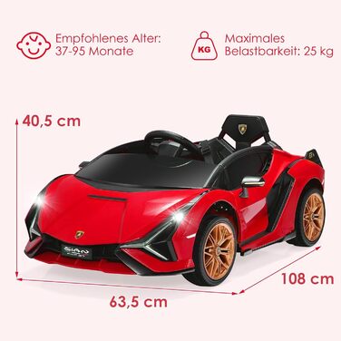 Дитячий електромобіль Lamborghini COSTWAY 12V з пультом, MP3, радіо, LED-фарами, для дітей 3-8 років, червоний