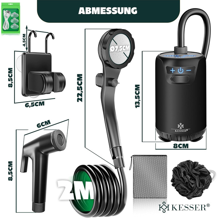 Соняшний душ KESSER® з насосом та акумулятором 8000mAh. Комплект для кемпінгу: регульована лійка, шланг 2м, пістолет-пульверизатор, кріплення. Без бака (Чорний/Чорний)