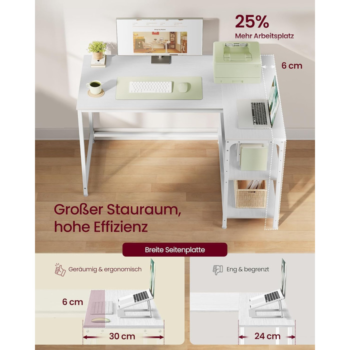 Кутовий стіл VASAGLE L-подібної форми з полицею, для офісу вдома, 110 x 80 см, колір: Акорн-білий