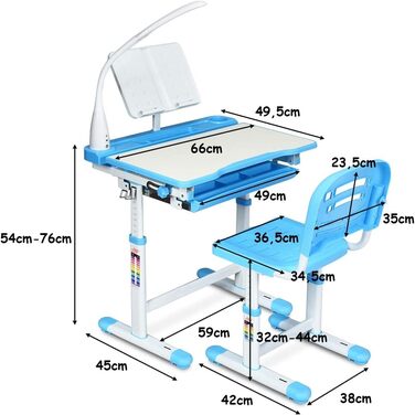Дитячий стіл COSTWAY регулюється по висоті, Письмовий стіл для учнів з лампою, Дитячі меблі з регулюванням нахилу, Дитячий стіл зі стільцем, Письмовий стіл з ящиком, Вибір кольору (світло-блакитний)