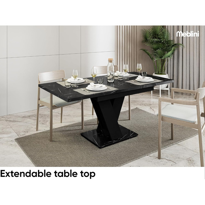 Обідній стіл Mebleini розсувний, сучасний, чорний глянцевий/білий глянцевий (120-160x80x75см, чорний мармур/чорний матовий)