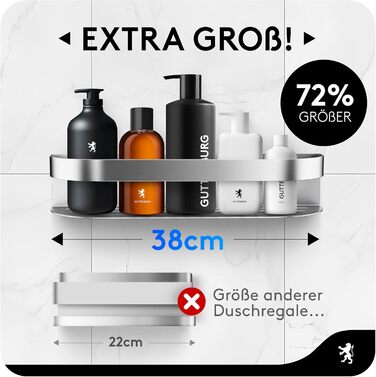 Поличка для душу GUTTENBURG без свердління (XXL, 38 см, 2200 см³), міцна, з нержавіючої сталі, проста установка ARCOS 38