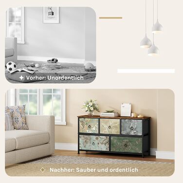 Комод WOLTU з 5 висувними ящиками з тканини, шафа-комод, тумбочка під ТБ, для вітальні, спальні, коридору, з металевим каркасом, ДСП, білий, SSK005ws. Білий (Рустикальний коричневий + чорний + вінтажний квітковий принт, 5 тканинних ящиків)