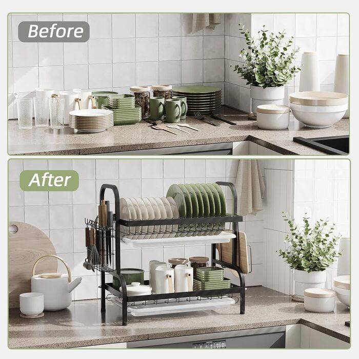 Сушарка для посуду NETEL 2-ярусна, чорна: з піддоном, тримачем для столових приборів, підставкою для ножів та склянок