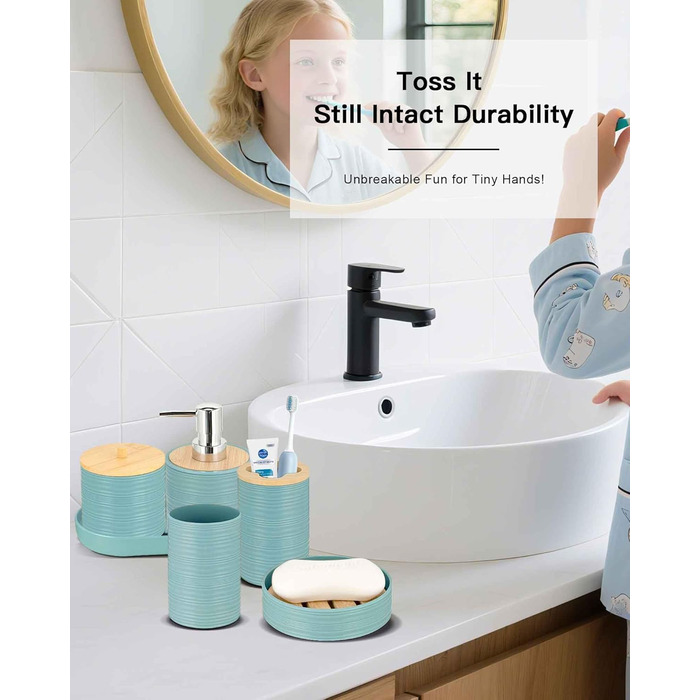 Набір аксесуарів для ванної кімнати IMAVO, 9 предметів: сміттєвий бак, дозатор мила, мильниця, тримач для зубних щіток, стакан для зубних щіток, тримач для унітазного йоржика, диспенсер для ватних паличок (Блакитний, 26 предметів + шторка для душу з факту