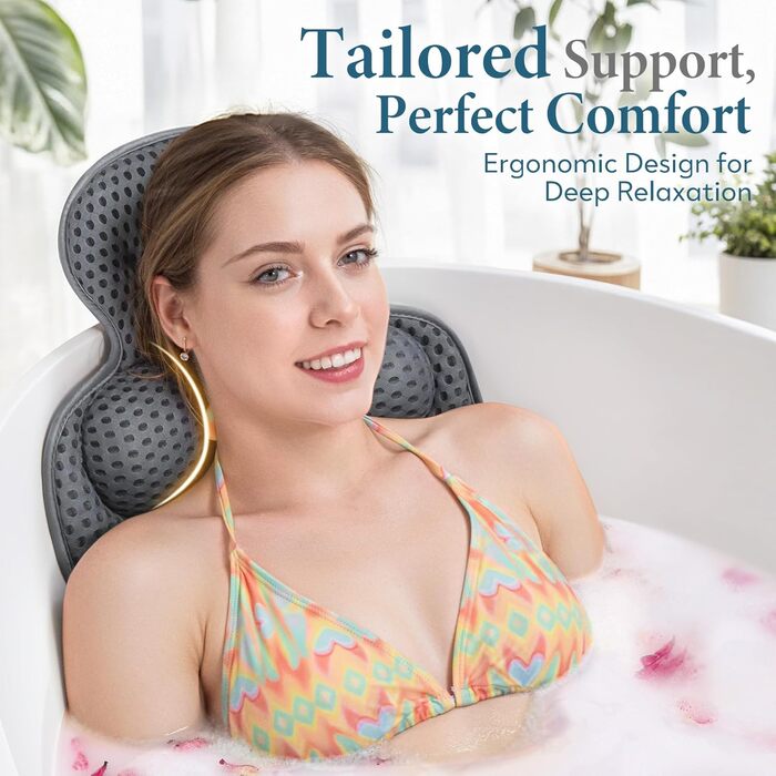 Подушка для ванни під голову та шию з 3D-сітки, 54 присоски, сіра. Аксесуар для релаксації у ванні та душі, подарунок