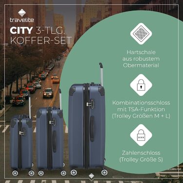 Набір валіз Travelite 3 шт. з жорстким корпусом (L/M/S), 4 колеса, City, валіза ручної поклажі S, валізи-ролери з антицарапинним покриттям, TSA замок + розширюваний клапан (окрім розміру S), Набір валіз-ролерів (L/M/S) Marine