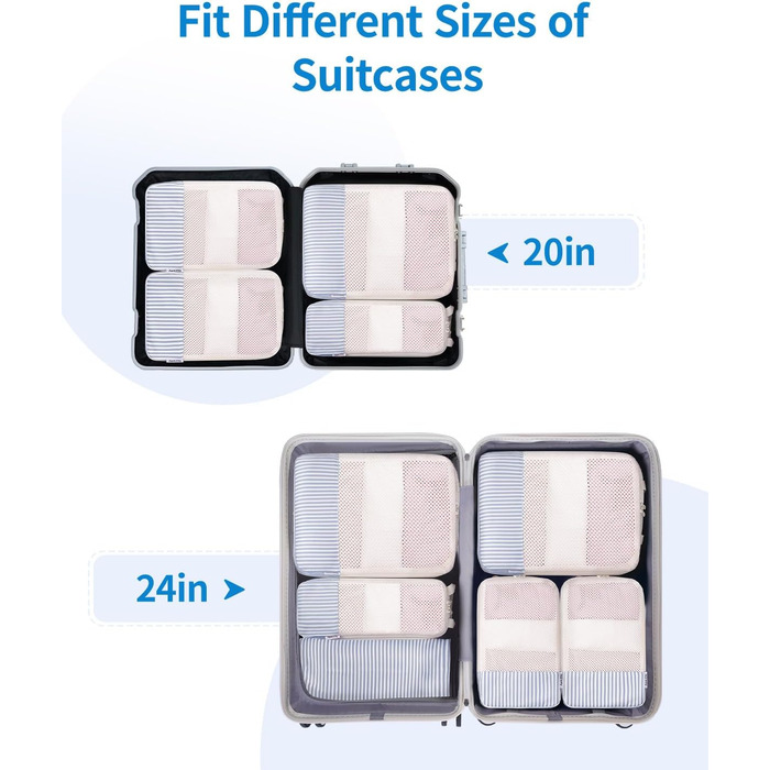 Набір органайзерів для подорожей Narwey (6 шт), компресійні органайзери для валізи та рюкзака, набір пакувальних кубів для одягу, сіро-блакитні смужки