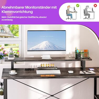 Кутовий ігровий стіл L-подібний з LED-підсвіткою та розетками, комп'ютерний стіл з полицями, обертовий, з підставкою для монітора, 120 x 70 см, дуб Грау Ейх