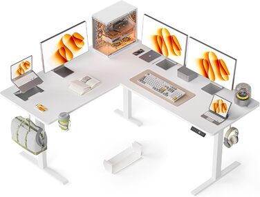 Електричний кутовий стіл WALKINGDESK 160 x 140 см для офісу, геймінгу та дому. Регулювання висоти, білий колір, з органайзером для кабелів