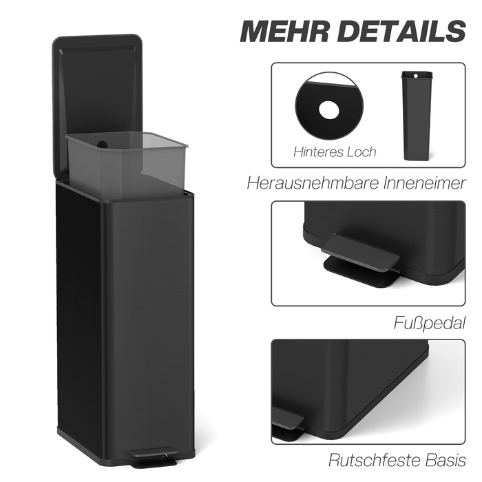 Сміттєвий бак 20л, з плавним закриттям кришки, відділенням для дезодоранту, захистом від відбитків пальців, нержавіюча сталь, чорний