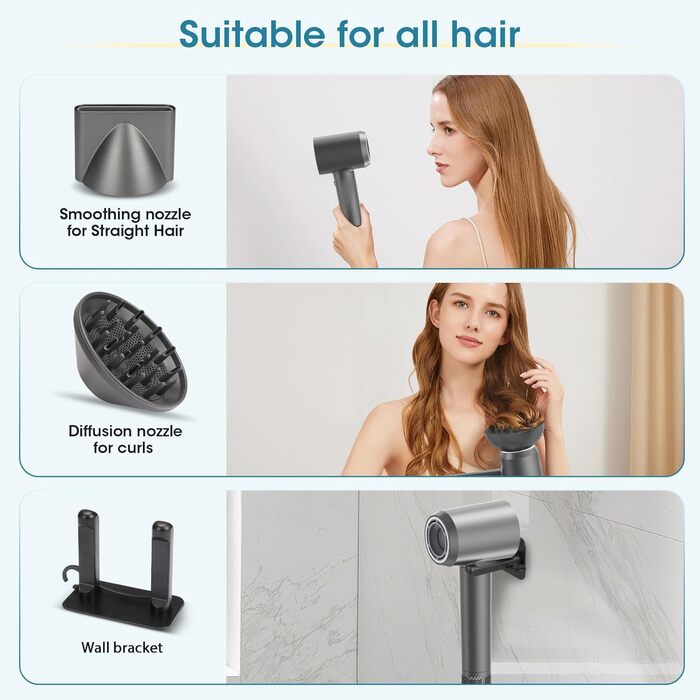 Професійний фен для волосся з безщітковим двигуном 110 000 об/хв, іонізацією (200 млн негативних іонів), 4 температурних та 2 швидкісних режимах, з дифузором та концентратором