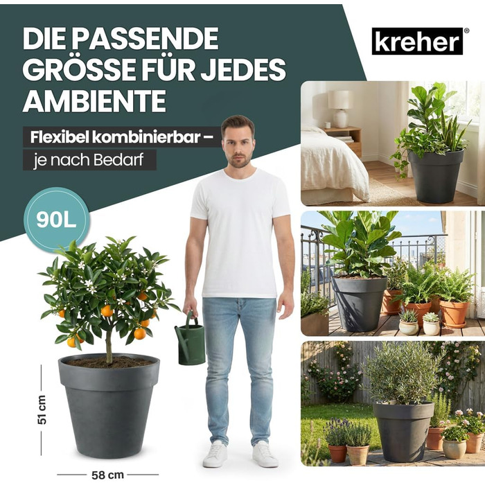Круглий горщик для квітів Kreher XXL з колесами, діаметром 58 см, антрацит