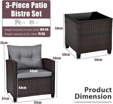 Набір садових меблів LIFEZEAL 3 предмети: 2 крісла та стіл з штучного ротангу (PE) з подушками, скляна стільниця, для тераси, балкона, саду - сірий