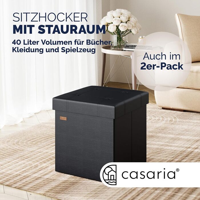 Пуф Casaria® з місцем для зберігання, білий, складний, з кришкою, штучна шкіра, м'який, 38x38 см, для спальні, вітальні, передпокою, білий (2, чорний)