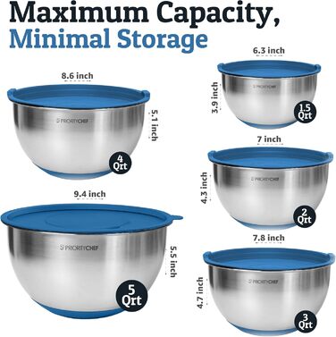Набір мисок для змішування PriorityChef з нержавіючої сталі з кришками, 3 тертки, герметичні кришки, силіконова антиковзаюча основа, великі миски для приготування їжі, зелений (блакитний)