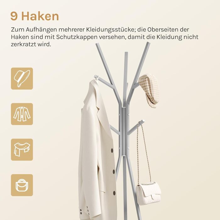 Вільна стійка для одягу WOLTU у вигляді дерева, металева, з полицею та 9 гачками, для одягу, шапок та сумок, біла
