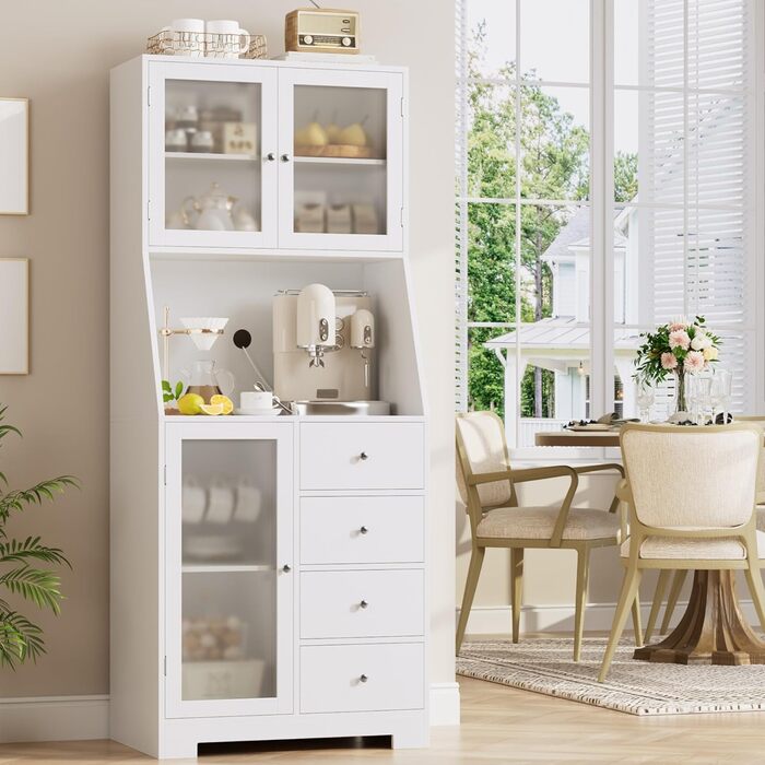 Кухонна шафа HOCSOK 163 см з робочою поверхнею, буфет, шафа для зберігання продуктів, 3 дверцята та 4 висувні ящики, висока шафа для кухні, вітальні, їдальні, бару, білий колір