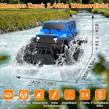 Радіокерований позашляховик Monstertruck 2.4GHz 4WD (до 15+ км/год) з двома акумуляторами, водонепроникний, для дітей від 6 років