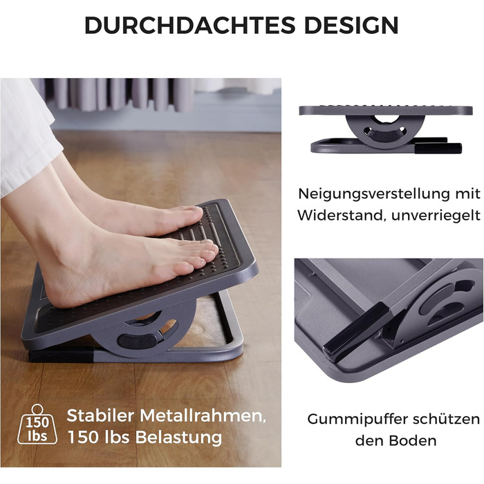 Підставка для ніг EUREKA ERGONOMIC регульована з масажною поверхнею для офісу та дому. Чорний та сірий колір