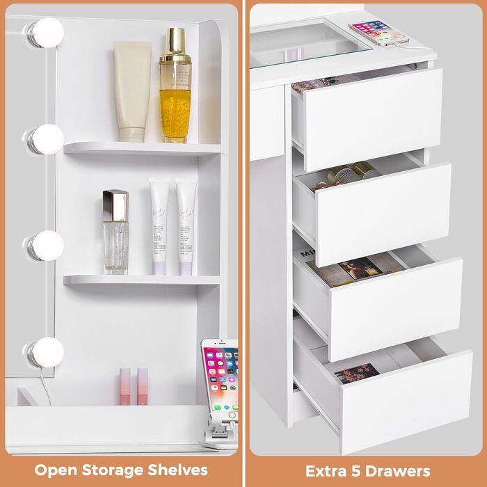 Трюмо з LED-підсвічуванням та пуфом ANWBROAD BDT74W, з дзеркалом, розетками та 5 шухлядами, сучасний білий колір