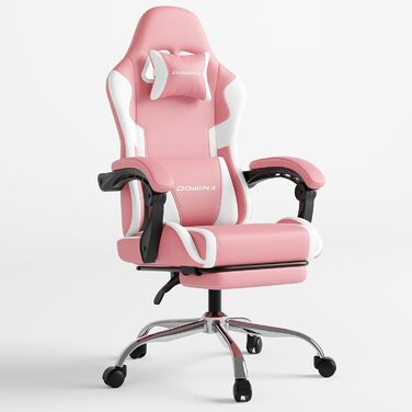 Ігровий крісло Dowinx з підніжкою та масажем попереку. Ергономічне, комфортне, з підголівником. Підходить для офісу, дому, стрімінгу та тривалих ігрових сесій. Білий (рожевий)