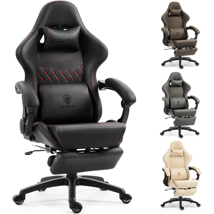 Ігровий крісло Dowinx з регульованою підніжкою, масажним поперековим валиком та офісним комфортом, до 200 кг, кут нахилу спинки 165°, чорний