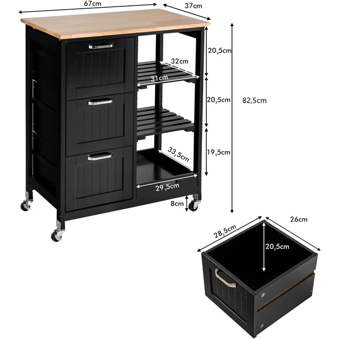 Візок для кухні COSTWAY, 2 яруси, 3 ящики, рулонний, гумовий, 67x37x82.5см (чорний)